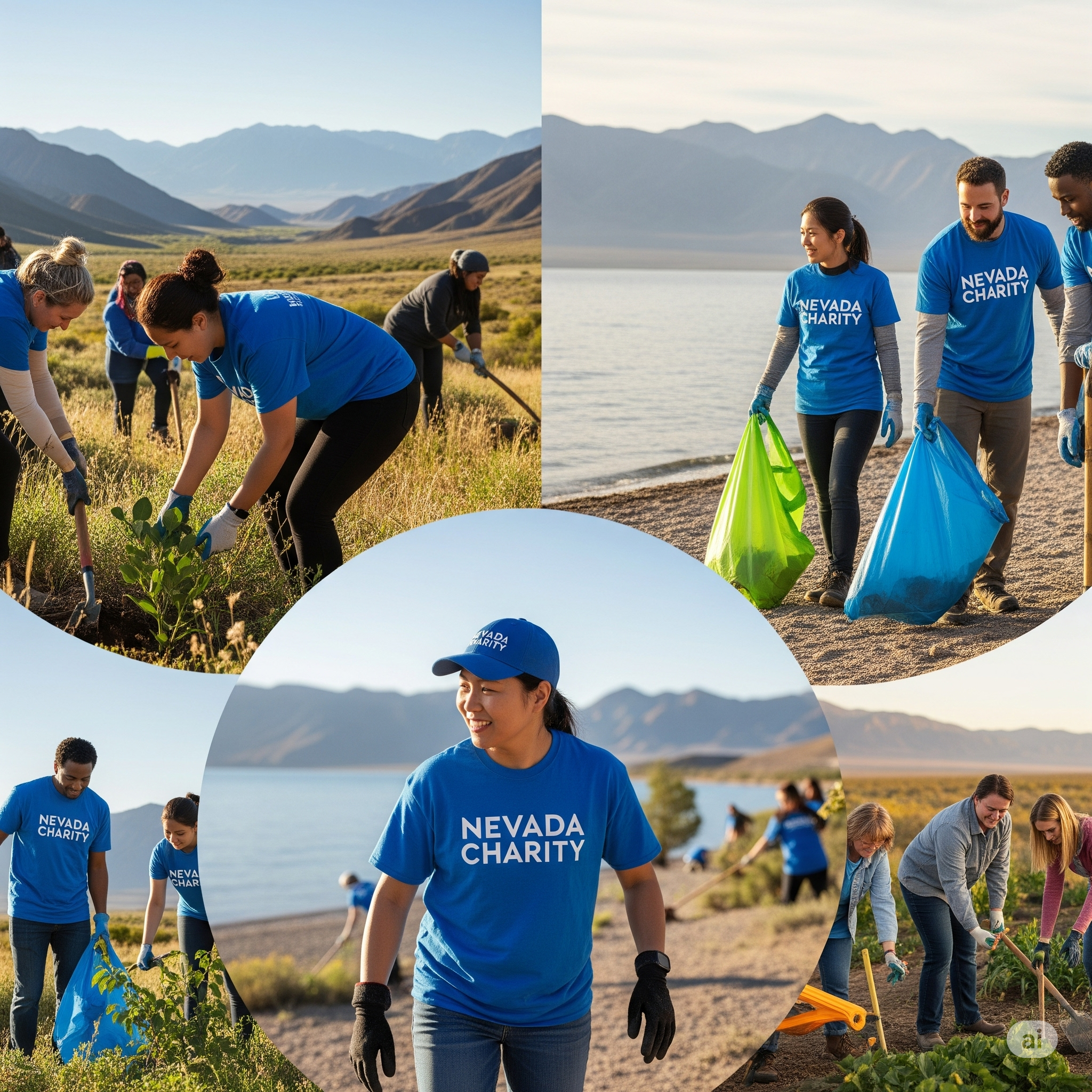 Diverse volunteers wearing "Nevada Charity" shirts are shown planting trees and cleaning up a lake shoreline in scenic Nevada landscapes.